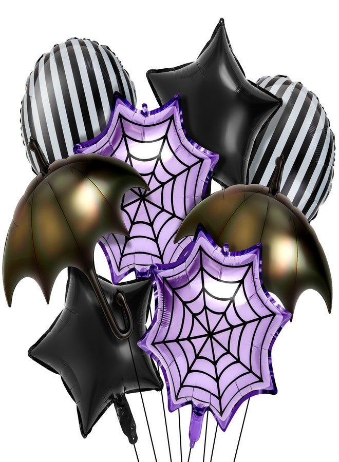 LaRandom 8 Pcs Gothic Foil Balloons Purple and Black Striped Star Umbrella Aluminum Film Balloons for Goth Birthday Halloween Mysterious Character Theme Party Decorations Supplies - Image 1